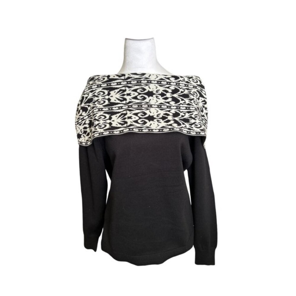 Anne Klein Black Off-the-Shoulder Sweater with Cream Patterned Yoke (Size M)